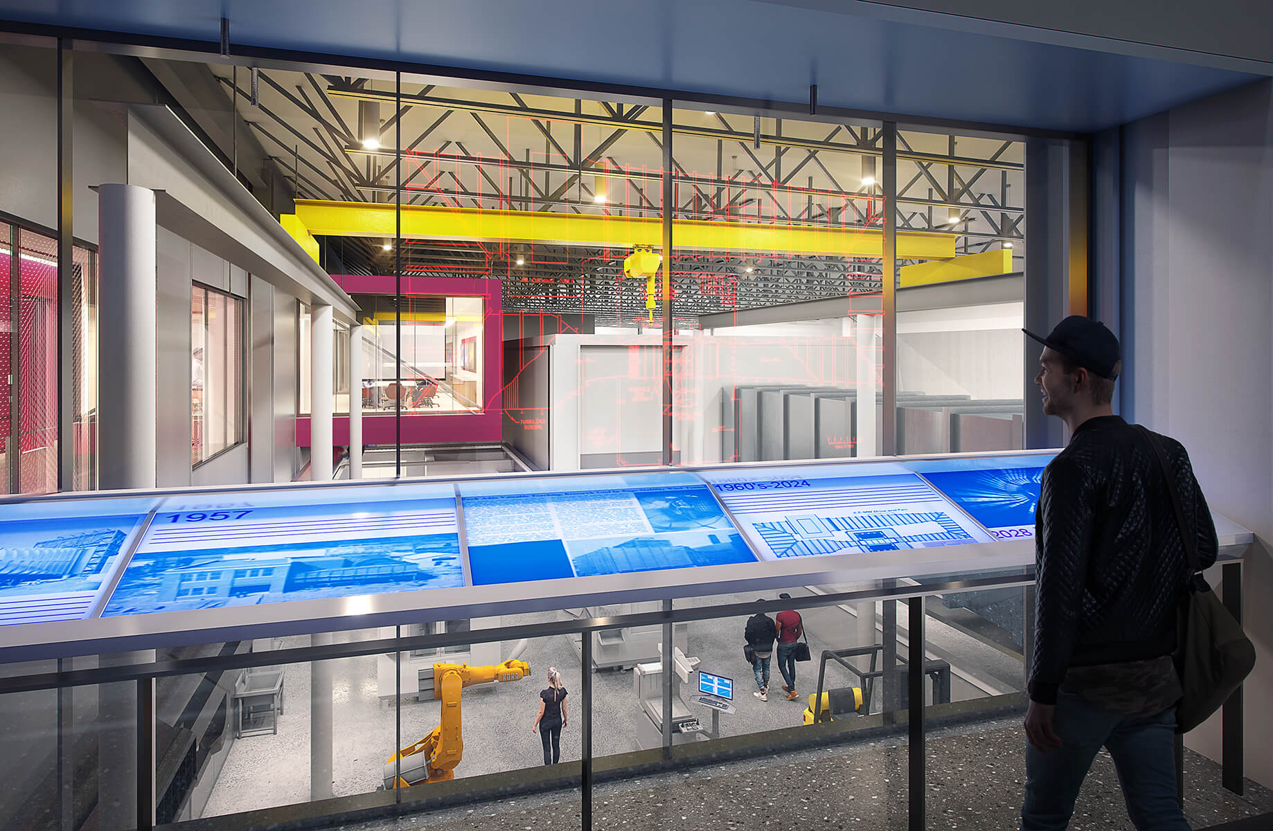 A passerby observes an interactive display highlighting architectural timelines in a spacious interior with industrial design elements.