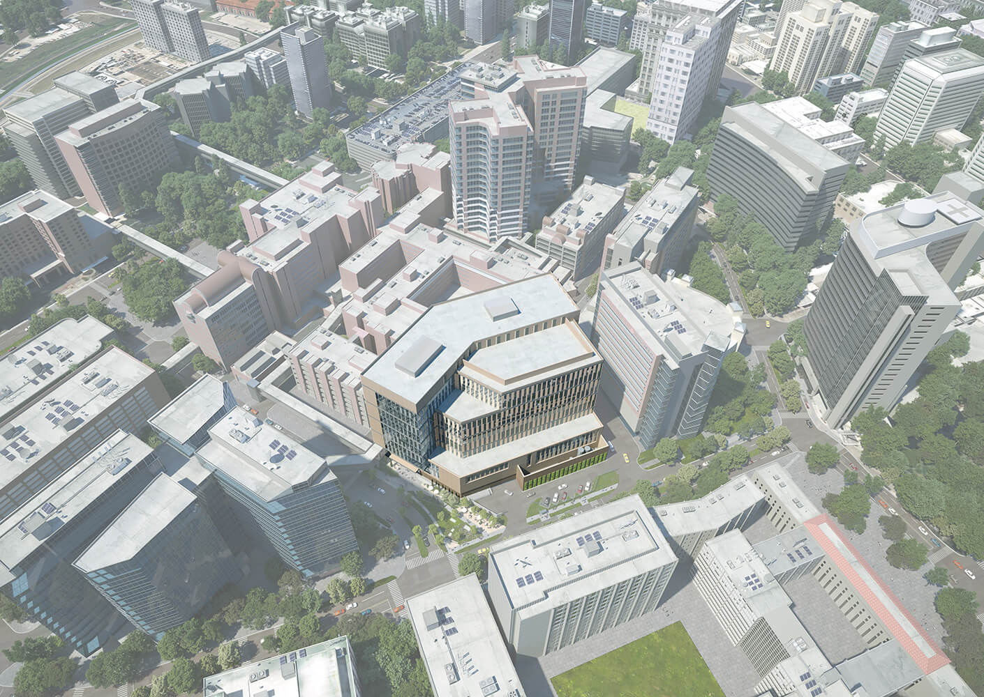 Aerial view of a city block showcasing various buildings, green spaces, and road networks, illustrating urban architecture and development.