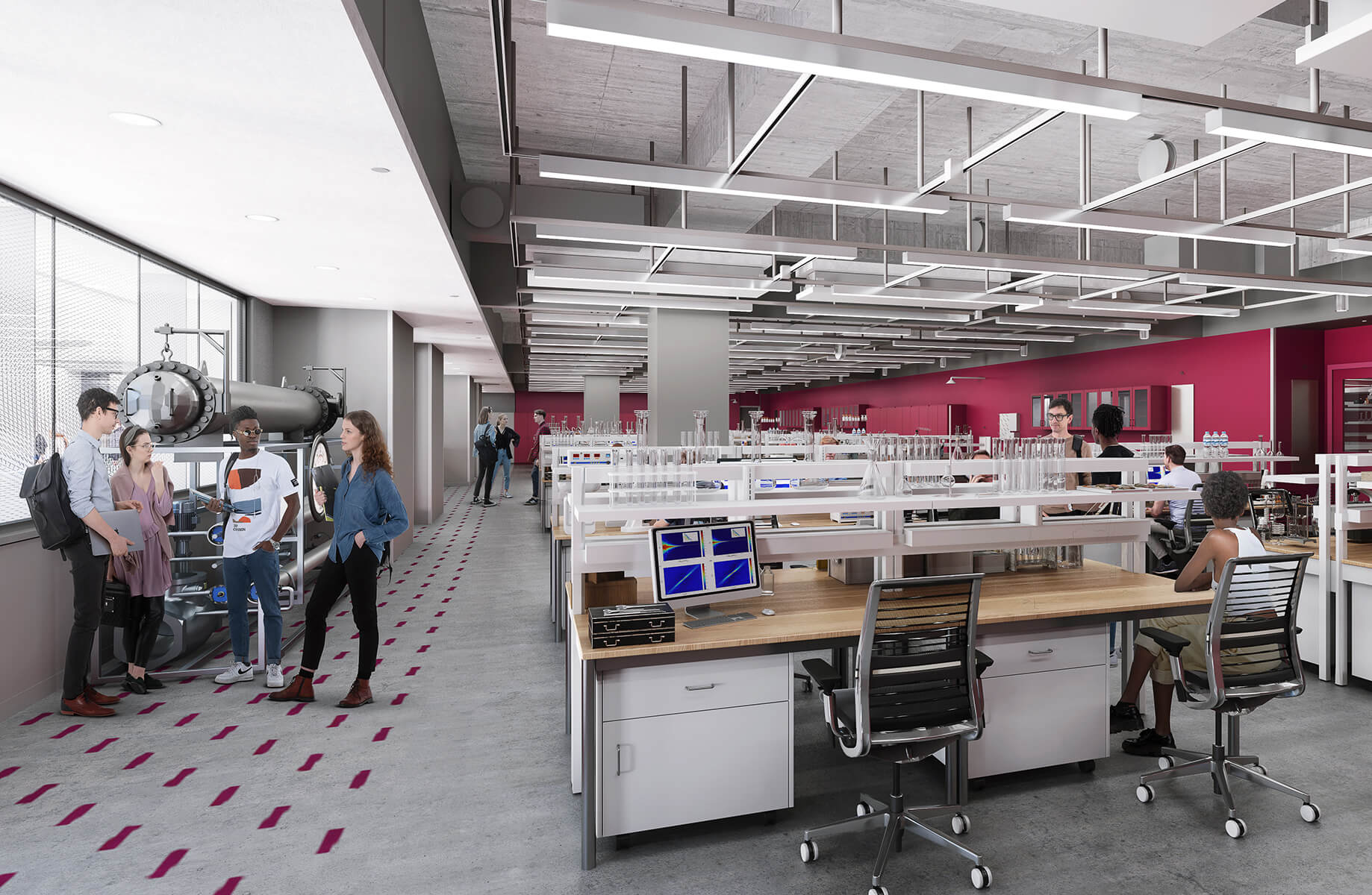 Laboratory interior featuring collaborative workspaces, scientists interacting, and high-tech equipment in a sleek, open layout.