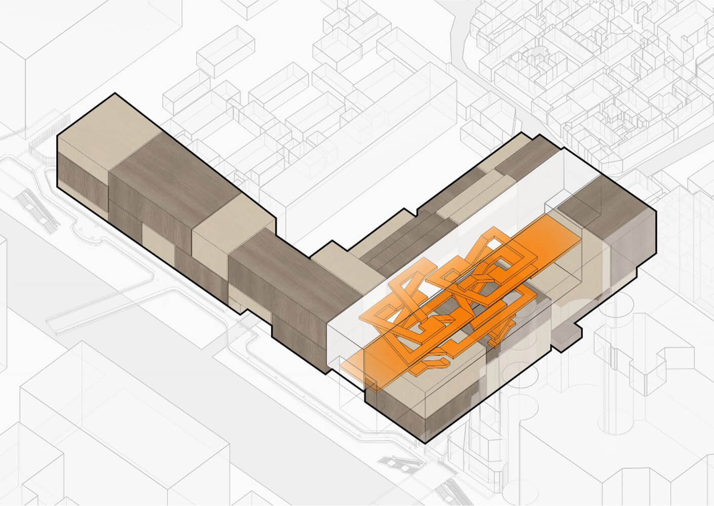 Architectural diagram showcasing a mixed-use building layout, featuring layered structures and an intricate orange pathway design.