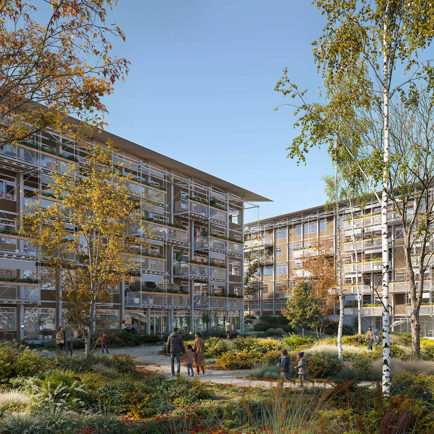 Urban residential complex with landscaped gardens, featuring two buildings and people walking through a vibrant outdoor space with trees and flowers.