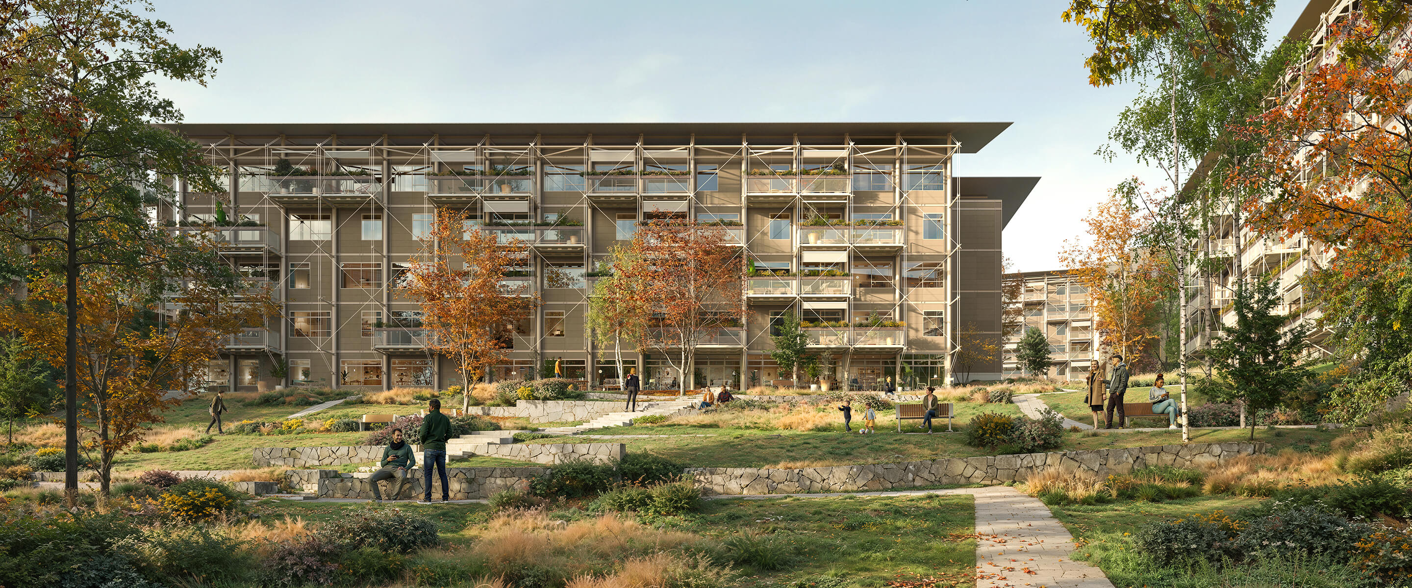 Apartment complex with landscaped gardens, walkways, and people enjoying outdoor spaces in an inviting community atmosphere.