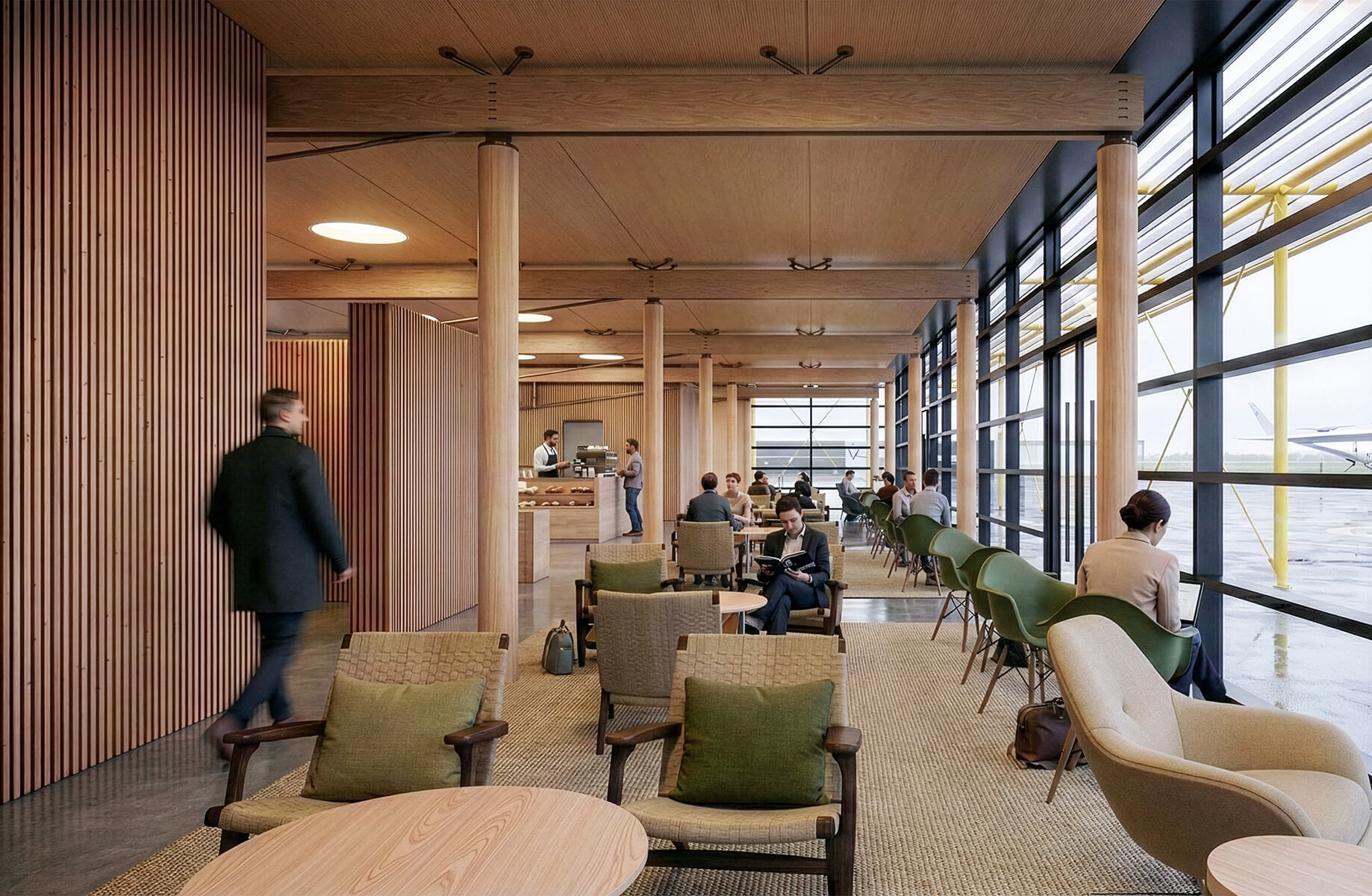 Interior view of a spacious airport lounge with wooden accents, seating areas, and large windows, showcasing people relaxing and a coffee counter.