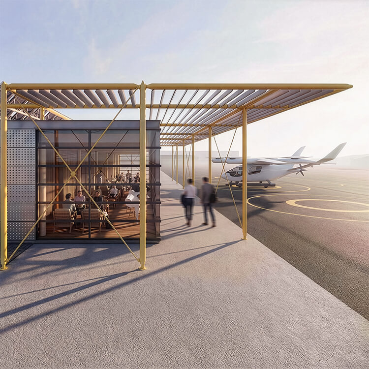 Image of an airport terminal with a covered outdoor area, people walking, and a small aircraft visible on the runway.