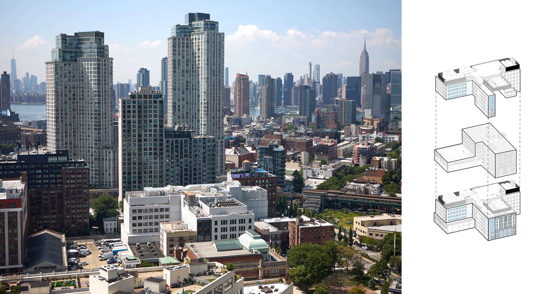 City skyline featuring high-rise buildings, including the Empire State Building, with an architectural diagram on the right.